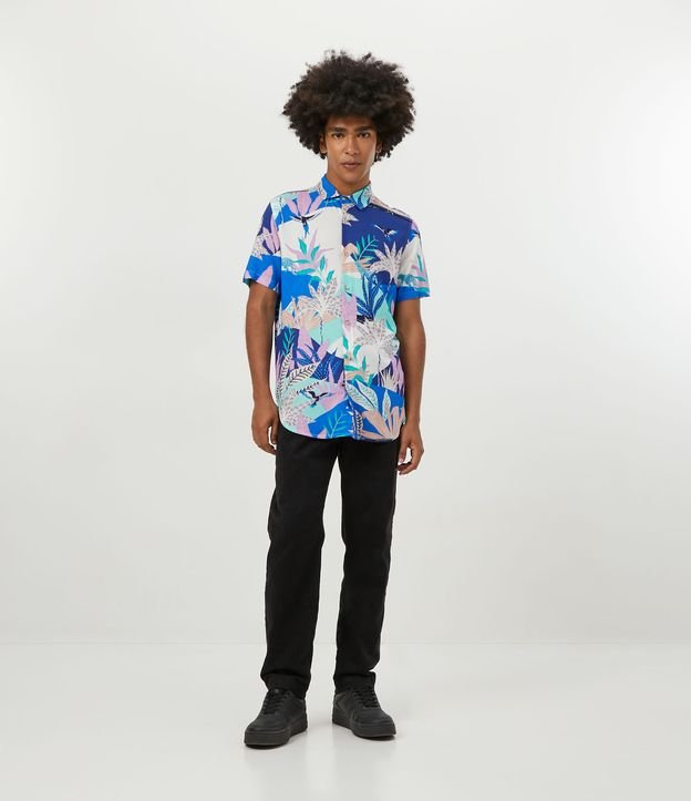 Camisa Manga Curta em Viscolinho com Estampa Floral Azul 2