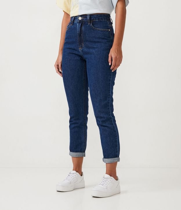 Pantalón Mom Jeans con Cintura Alta y Pespuntos Contrastantes Azul 2