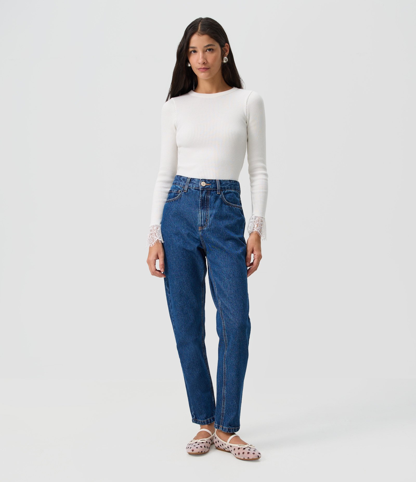 Calça Mom em Jeans com Cintura Alta e Costura Aparente Azul 1
