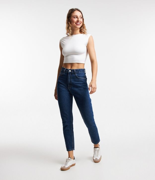 Calça Mom em Jeans com Cintura Alta e Costura Aparente Azul 1