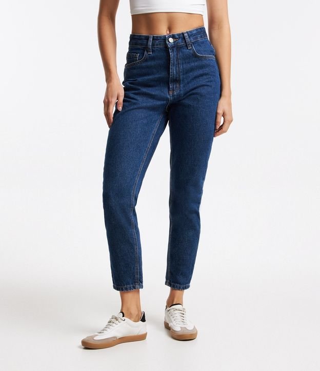 Calça Mom em Jeans com Cintura Alta e Costura Aparente Azul 2