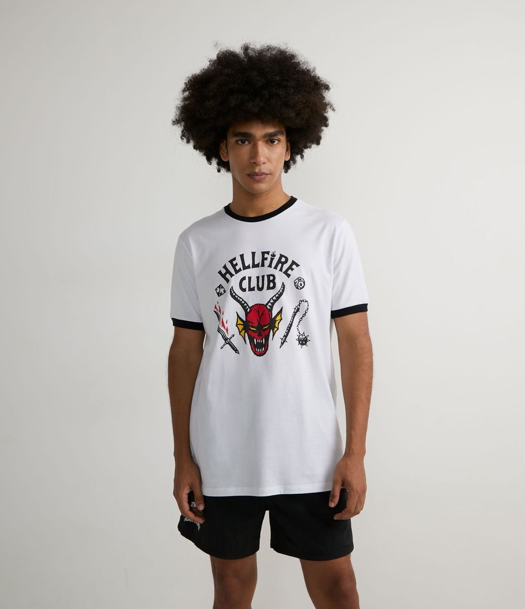 Camiseta em Meia Malha Manga Curta com Estampa Hellfire Club Branco