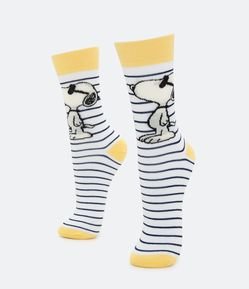 Meia Cano Alto em Algodão Listrada com Estampa Snoopy