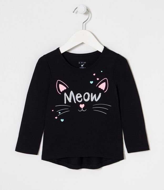 Blusa Infantil com Estampa de Gatinho e Lettering "Meow" - Tam 1 a 5 Anos