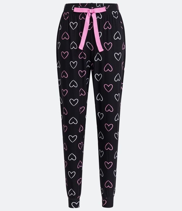 Pantalón de Pijama con Estampado de Corazones y Cordón Contrastante Negro 5