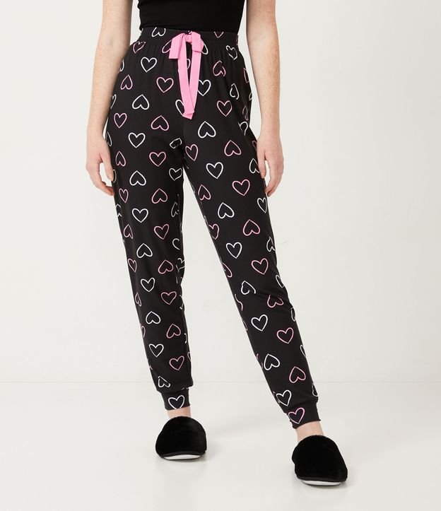 Pantalón de Pijama con Estampado de Corazones y Cordón Contrastante Negro 2