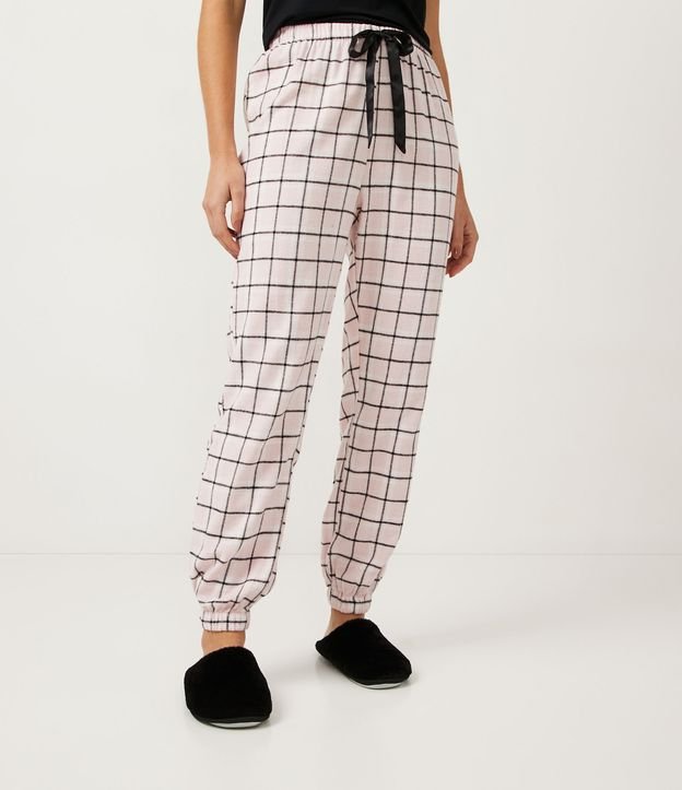 Pantalón de Pijama en Franela con Estampado de Cuadros y Elástico en la Barra Rosado 2