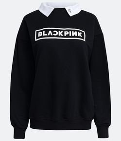 Blusão em Moletom com Gola Polo e Estampa Black Pink