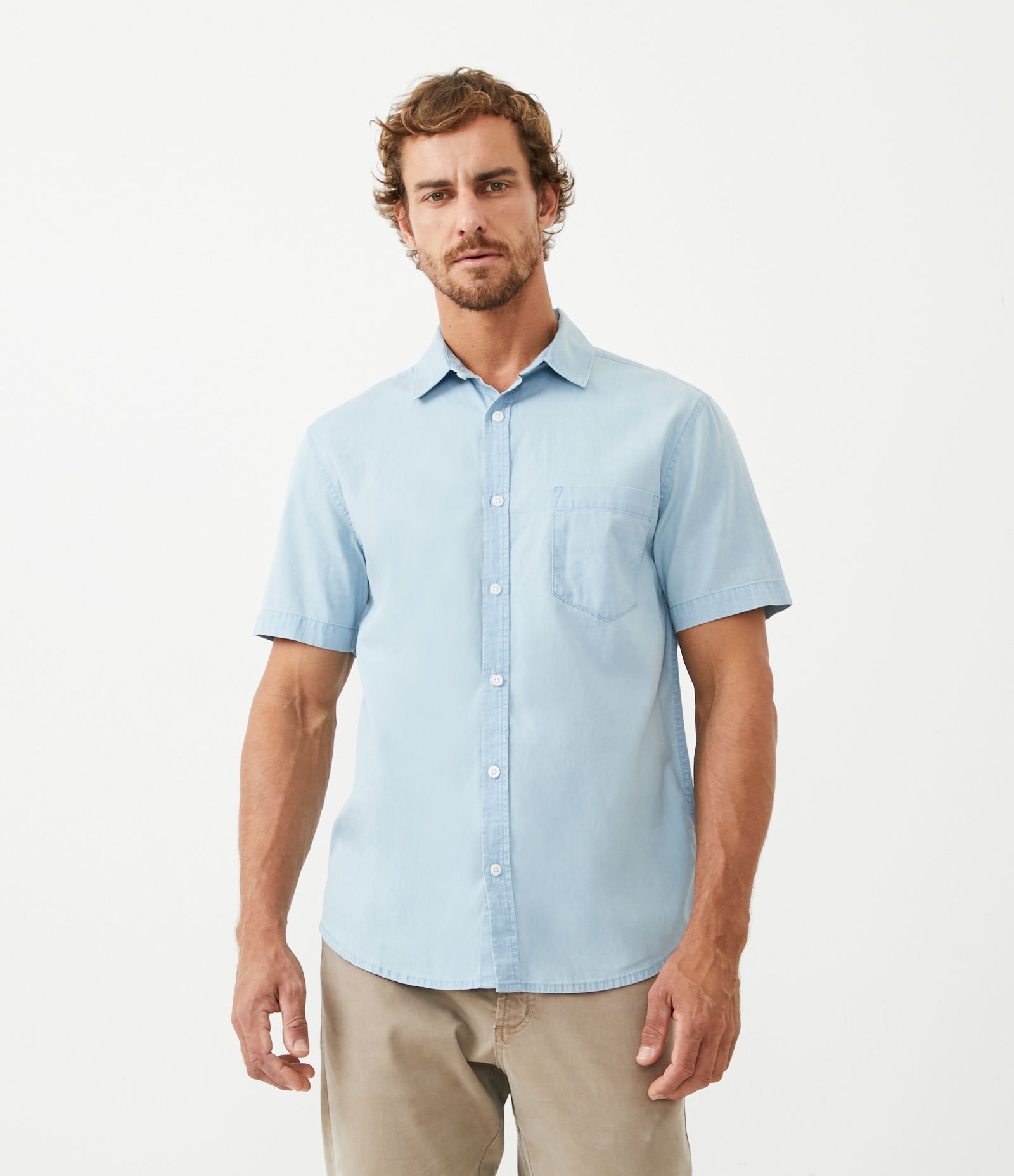 Camisa Comfort em Algodão com Bolso Frontal Azul Claro 1