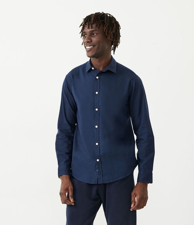 Camisa Comfort Básica en Lino Manga Larga Azul 1