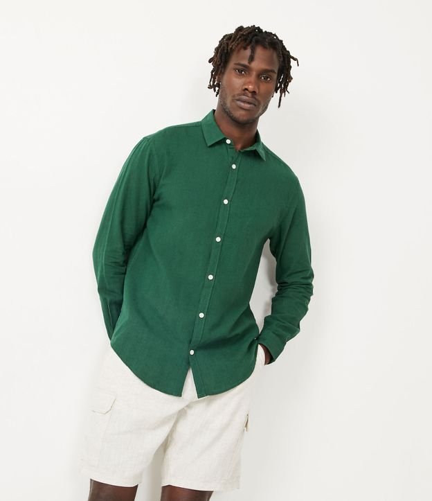 Camisa Comfort Básica en Lino Manga Larga Verde 1