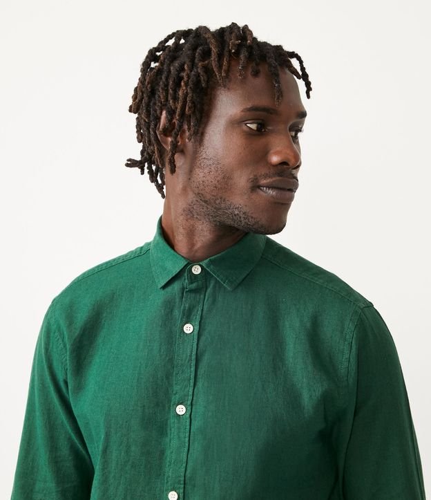 Camisa Comfort Básica en Lino Manga Larga Verde 4
