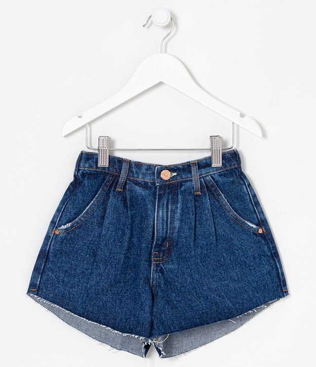 Short Infantil Jeans com Cintura Alta e Pregas - Tam 5 a 14 anos