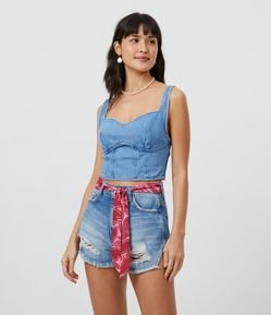 Blusa Regata Cropped Jeans com Decote Coração