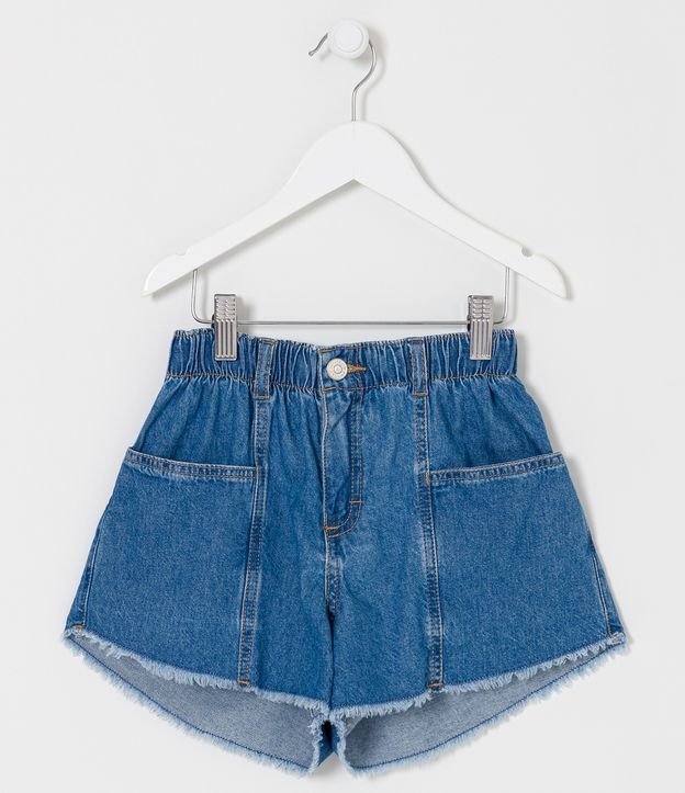 Short Infantil Cintura Alta em Jeans com Recortes e Barra Desfiadas - Tam 5 a 14 anos