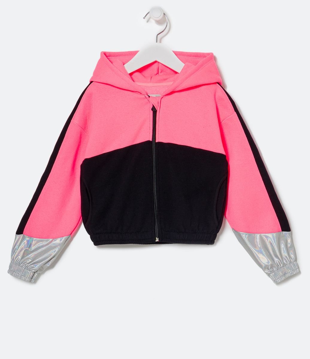 Jaqueta Cropped Infantil em Moletom com Recortes Neon e Detalhes Holográficos - Tam 5 a 14 anos Menor preço em Jaqueta Cropped Infantil em Moletom com Recortes Neon e Detalhes Holográficos - Tam 5 a 14 anos