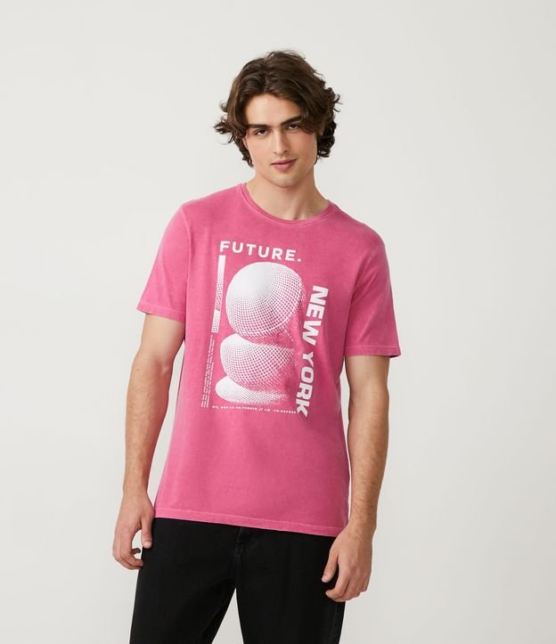 Camiseta Regular em Meia Malha com Estampa NYC Faster Rosa 1