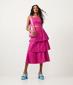 Saia Midi em Algodão com Bordado Paisley e Babados