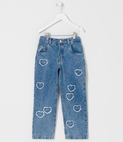 Calça Infantil em Jeans com Bordados de Corações - Tam 5 a 14 anos