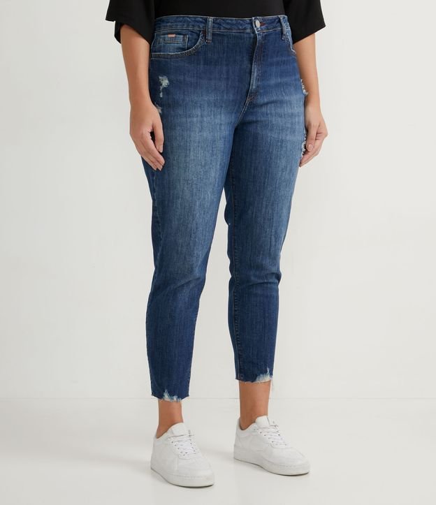Calça Skinny Jeans com Puídos e Barra Desfiada Azul 1