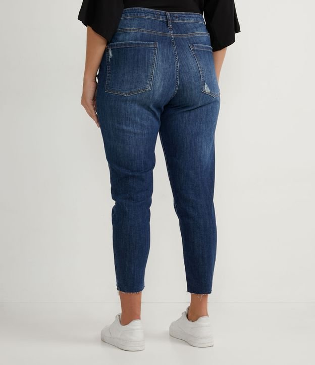 Calça Skinny Jeans com Puídos e Barra Desfiada Azul 2