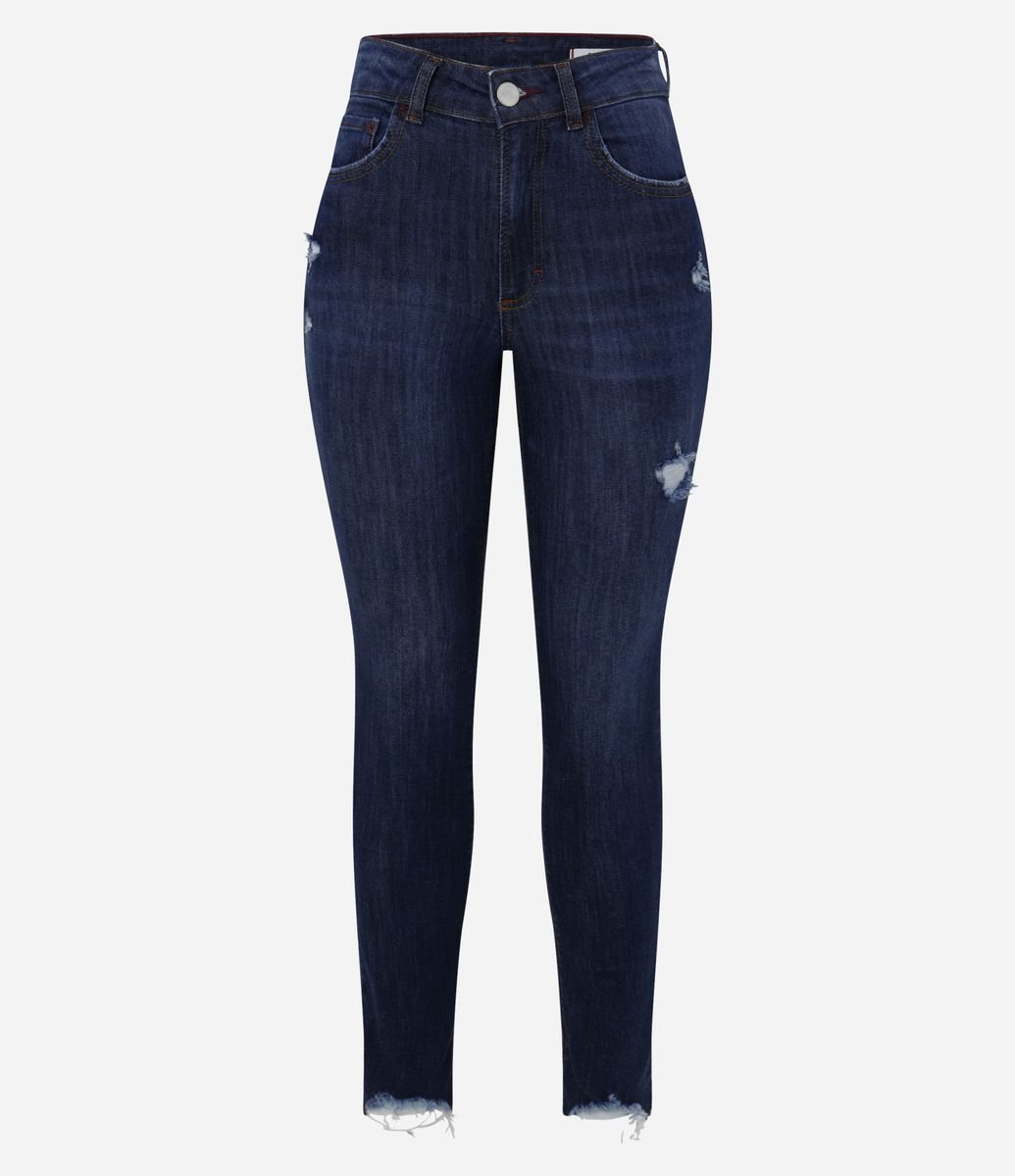 Calça Skinny Jeans com Puídos e Barra Desfiada Azul