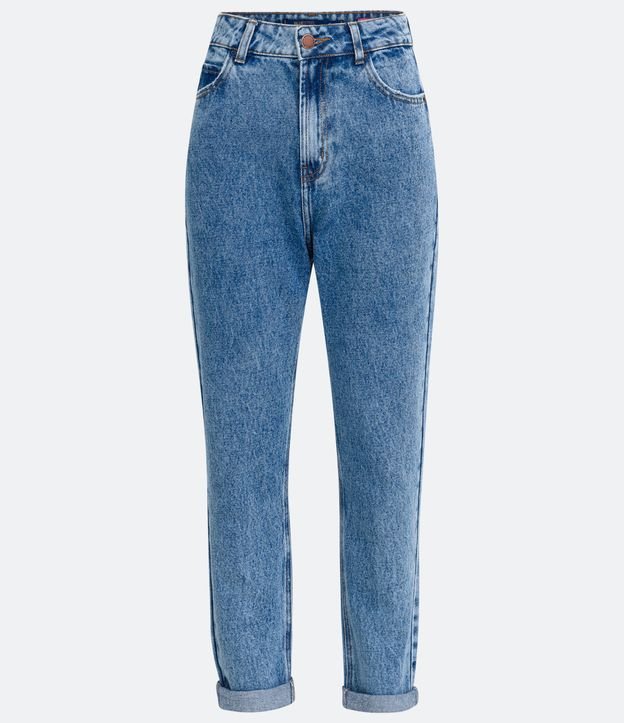 Calça Mom Básico Jeans com Cintura Alta e Barra Dobrada Azul 5