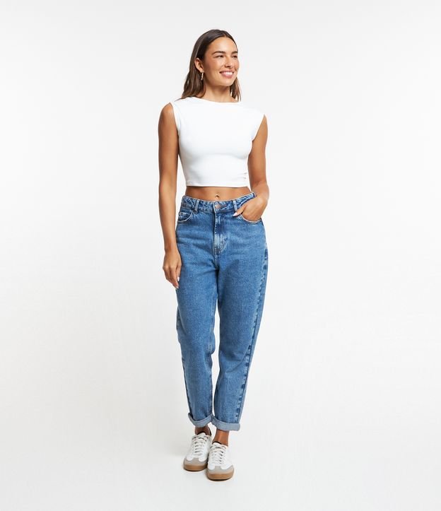Calça Mom Básico Jeans com Cintura Alta e Barra Dobrada Azul 3