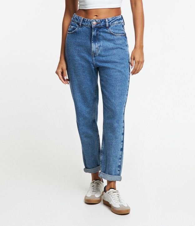 Calça Mom Básico Jeans com Cintura Alta e Barra Dobrada Azul 4