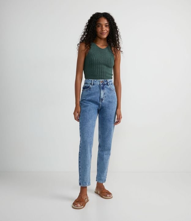 Calça Mom Básico Jeans com Cintura Alta e Barra Dobrada Azul