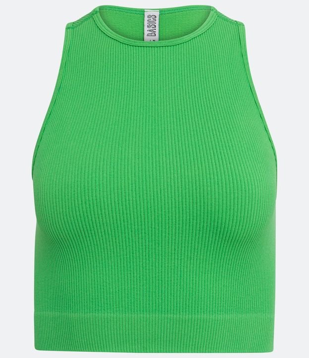 Blusa Musculosa Cropped Básica en Poliamida Acanelada sin Costura Verde 1