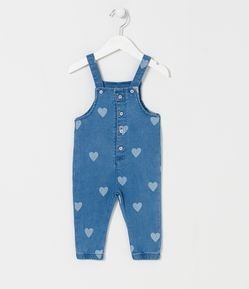 Jardineira Infantil em Jeans com Estampa de Corações - Tam 0 a 18 meses
