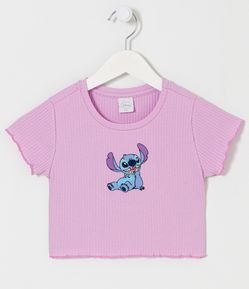 Blusa Cropped Infantil Canelada com Bordado Stitch - Tam  5 a 14 anos