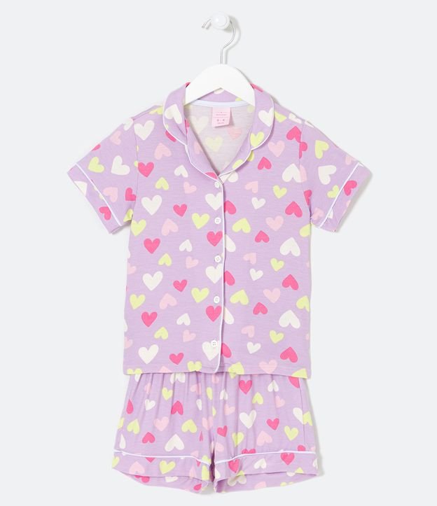 Pijama Americano Infantil em Viscolycra com Estampa de Corações - Tam 4 a 14 anos