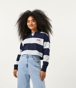 Blusa Cropped em Moletom com Listras e Bordado Mickey Mouse