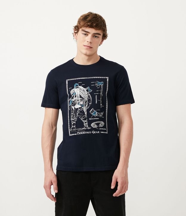 Camiseta em Meia Malha Manga Curta com Estampa Viking - Cor: Azul - Tamanho: PP