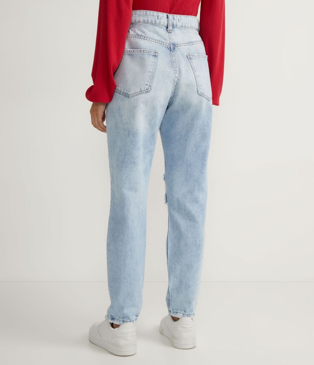 Pantalón Mom Jeans con Cintura Alta y Desgastes Azul