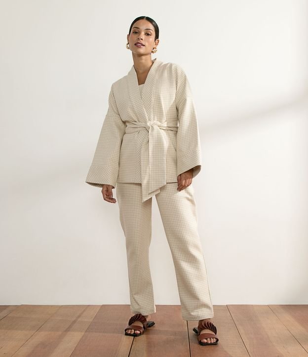Kimono en Algodón de Cuadros Pied-de-poule con Cinturón Beige 1