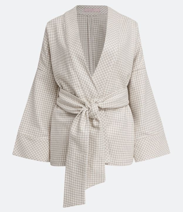 Kimono en Algodón de Cuadros Pied-de-poule con Cinturón Beige 6