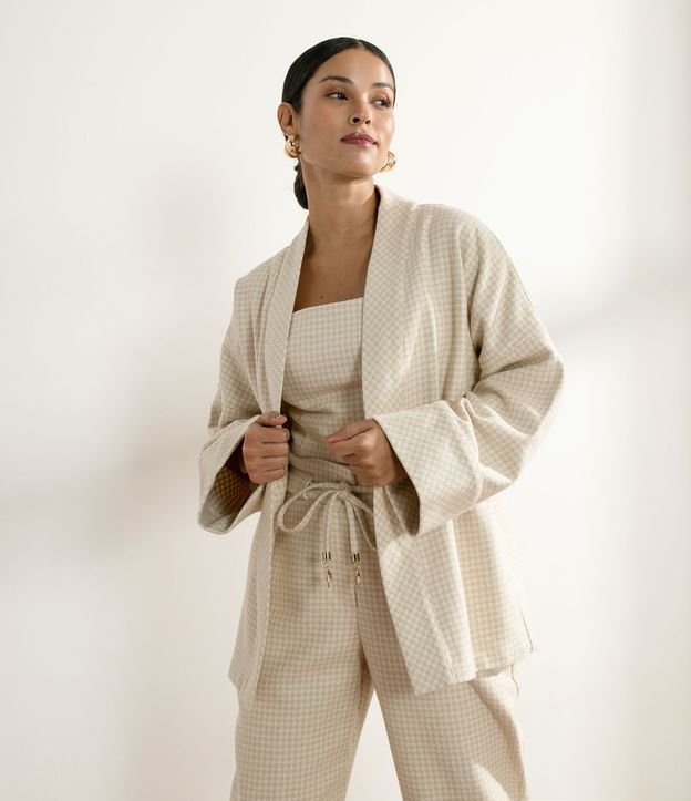 Kimono en Algodón de Cuadros Pied-de-poule con Cinturón Beige 2