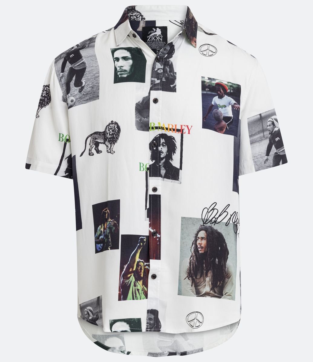 Camisa Manga Curta em Viscose com Estampa do Bob Marley Branco
