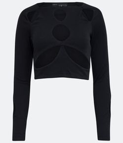 Blusa Cropped em Ribana com Detalhes Vazados e Manga Longa