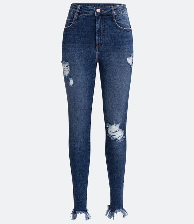 Pantalón Skinny Jeans con Cintura Alta Desgastes y Terminación Deshilachada Azul 7
