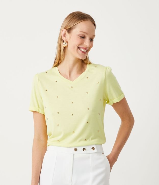 Blusa Manga Corta en Viscolycra con Aplicación de Corazones Amarillo 1