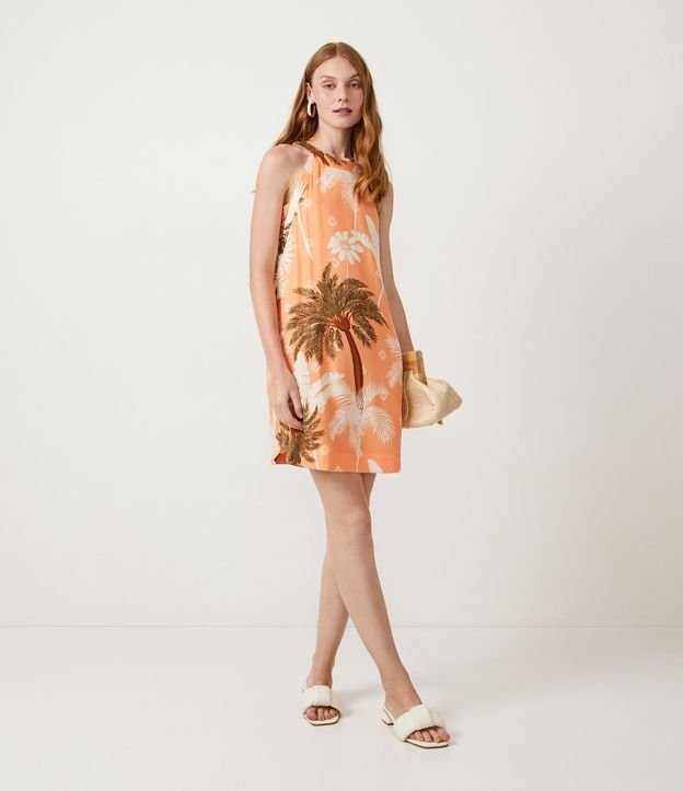 Vestido en Viscosa con Estampado Tropical Naranja 2