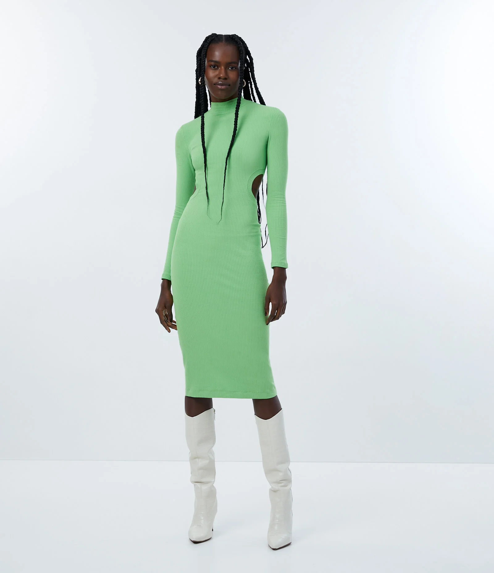 Vestido Midi em Ribana com Manga Longa e Aberturas Laterais Verde limão claro 1