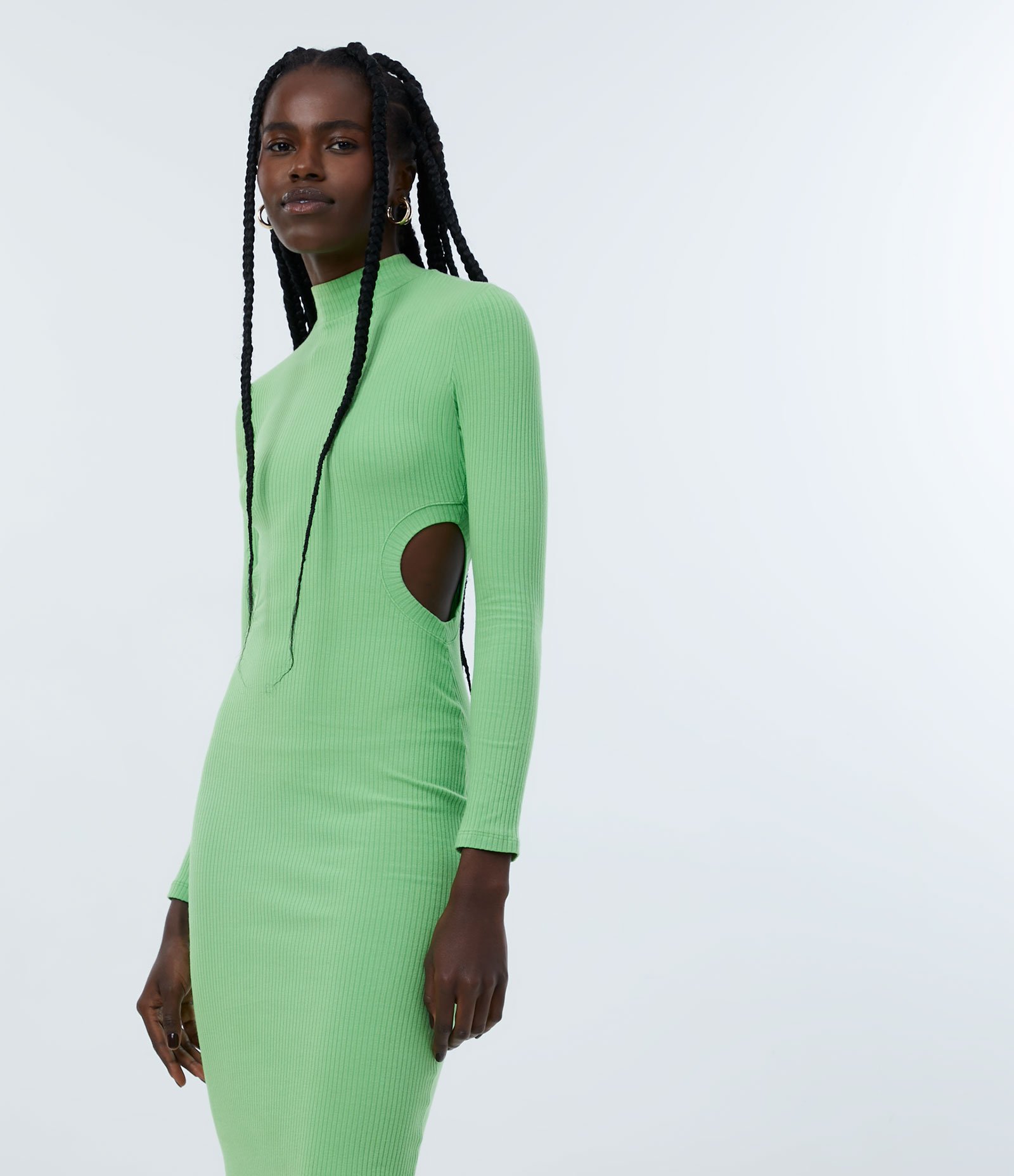 Vestido Midi em Ribana com Manga Longa e Aberturas Laterais Verde limão claro 2