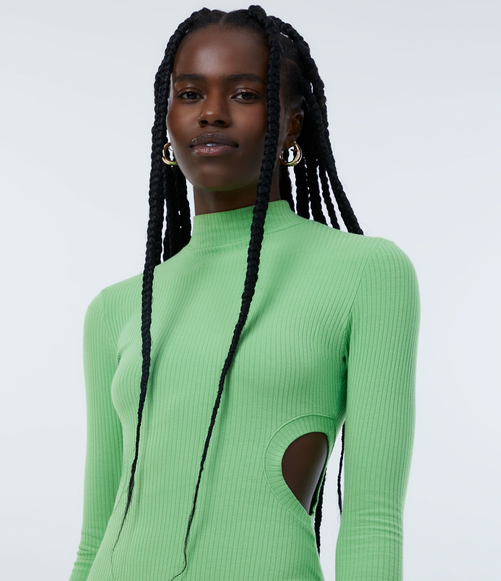Vestido Midi em Ribana com Manga Longa e Aberturas Laterais Verde limão claro 3