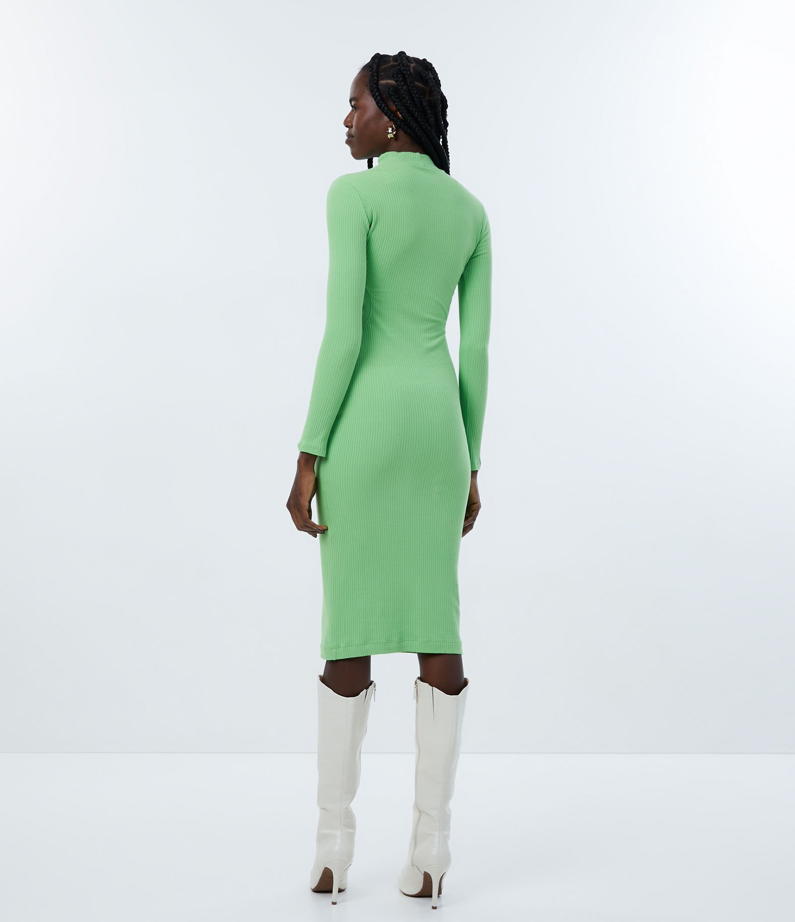 Vestido Midi em Ribana com Manga Longa e Aberturas Laterais Verde limão claro 4