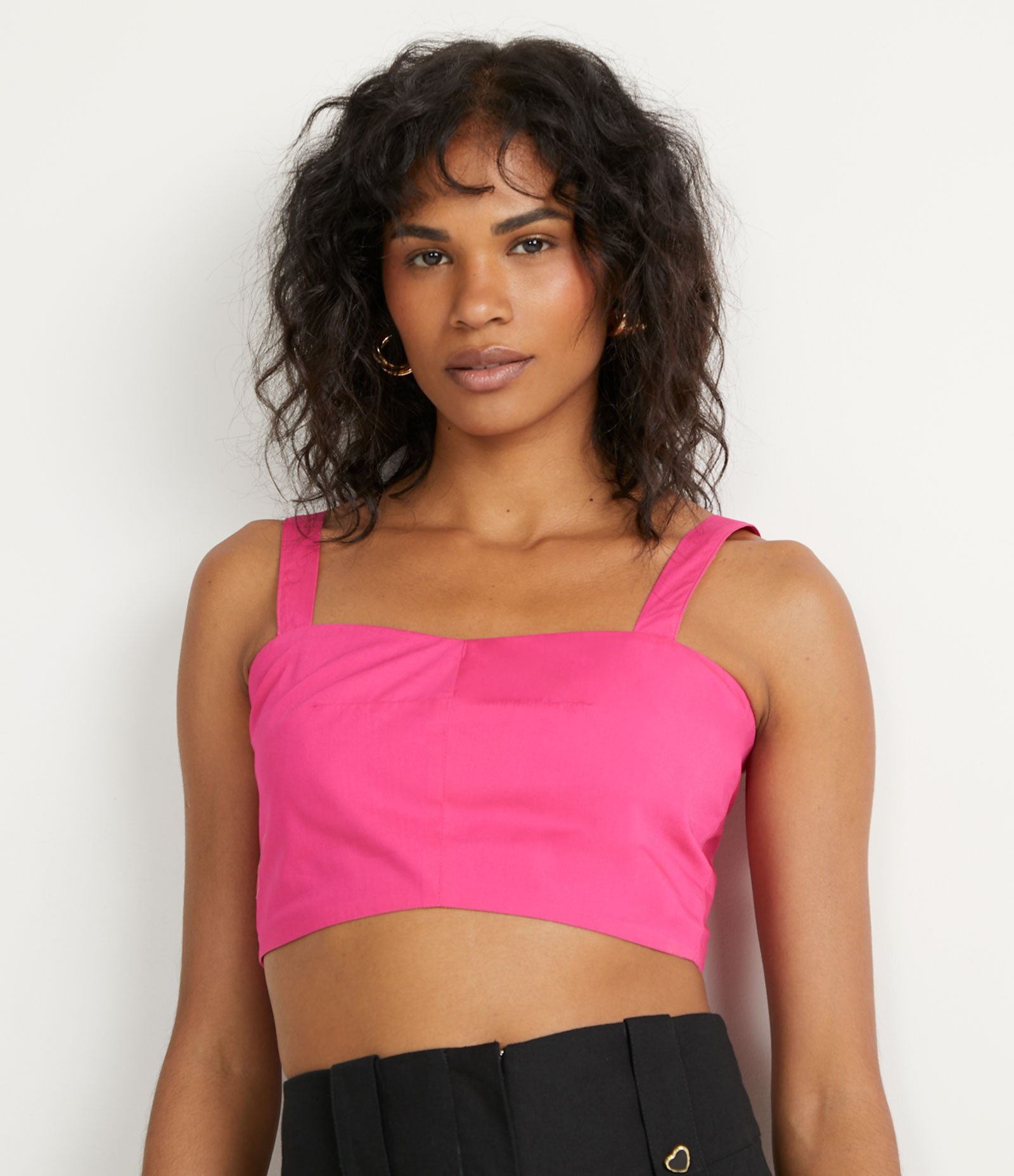Blusa Regata Cropped em Tricoline com Lastex nas Costas Rosa 1